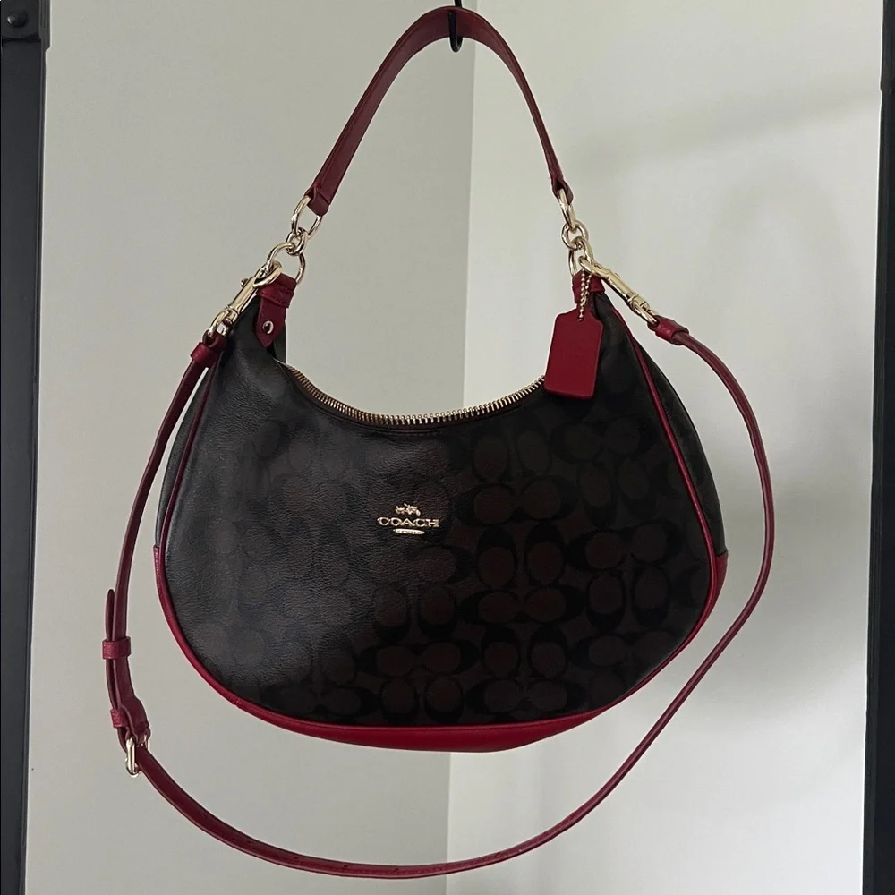Coach Harley East/West Hobo in Signature - crescent canvas with red leather trim